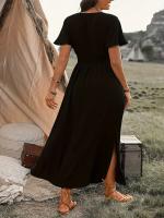 Vestido Casual De Verano Para Mujer 2024 AliExpress Con Cuello En V Manga Corta Y Abertura Midi De Poliéster Estilo Europeo Y Americano - details 2