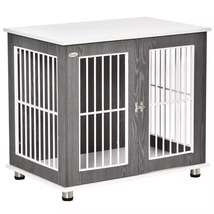 Caja de Transporte de Madera para Perrera con tablero y almobrilla, Jaula para animales Pequeños, Mesa Auxiliar, gris Blanco, 85x55x75cm - 1