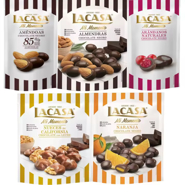 Lacasa Mi Momento pack de 5:Arándano choco Negro 60G,Almendra 85% 65G,Nueces Leche 115G,Almendra choco Negro 125G,Naranja choco Negro 125G - 1