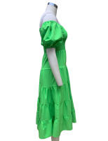 BAMBOOBOY Vestido Largo De Verano Para Mujer Hombros Descubiertos Color Sólido Manga Corta Puff Cuello Abierto A-Line Cintura Alta Midi Sundress - details 14