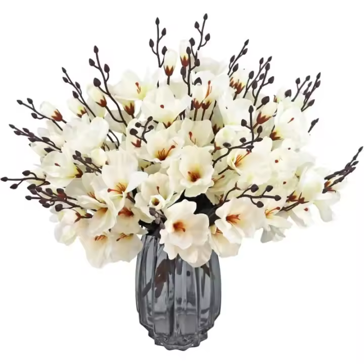 6PCS Bouquet de fleurs artificielles de magnolia en soie pour décoration de maison, de mariage, de maison, de fête, de jardin, d - 1