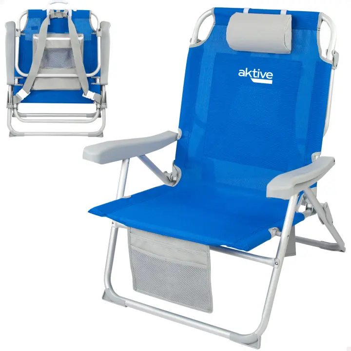 Aktive - Silla de playa plegable XXL con respaldo reclinable 5 posiciones, 55x66x86 cm, de aluminio y textileno, con mochila, bolsa, cojín, bolsillo frontal y topes antivuelco, máx. 110 kg, sillas de playa, sillas plegables, accesorios verano - 1
