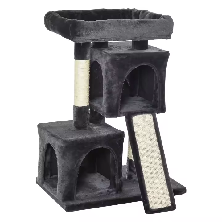 PawHut Árbol Múltiples Actividades para Gatos Centro de Juegos para Mascotas con Postes y Tablero Rascador Cuevas Cama con Borde Elevado Tacto Suave 59x39x83 cm Gris Oscuro - 1