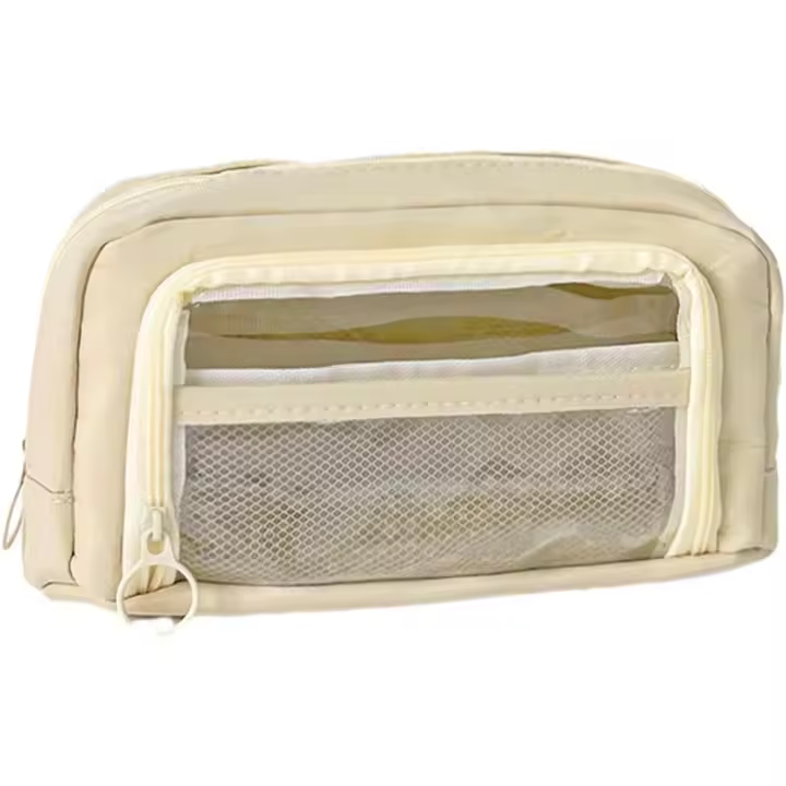 Estuche de 3 compartimentos, gran capacidad, de lona premium, estuche de maquillaje y organizador de papelería (beige) - 1