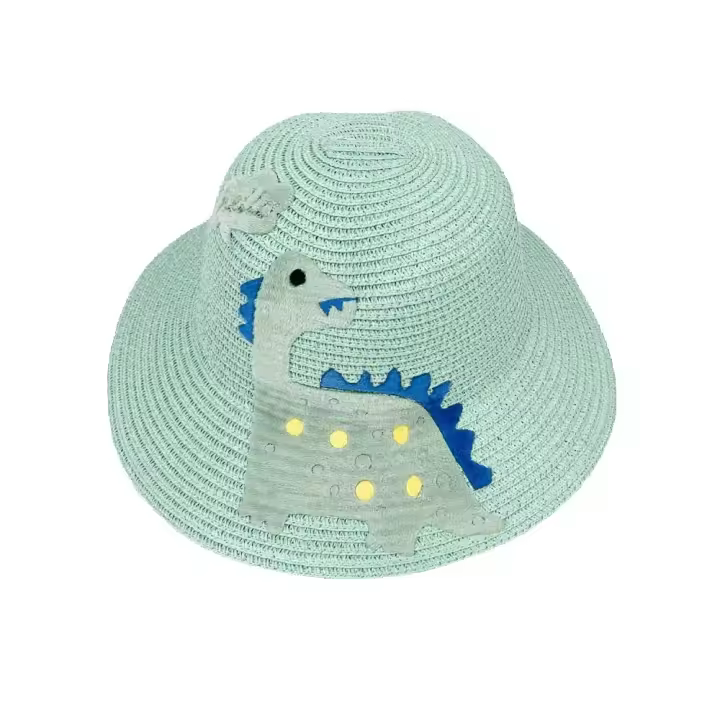 Sombrero de paja infantil con estampado de dinosaurio para verano, ideal para playa y protección solar, diseño divertido para niños y niñas, perfecto para uso familiar - 1