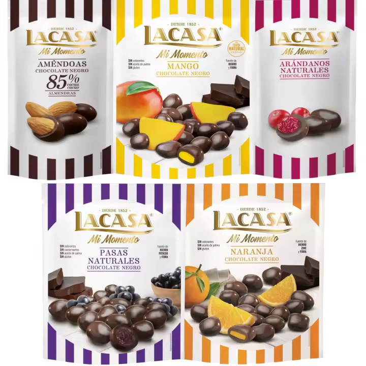 Lacasa Mi Momento pack de 5:Arándano choco Negro 60G,Almendra 85% 65G,Pasas choco Negro 150G,Naranja choco Negro 125G,Mango choco Negro 115G - 1
