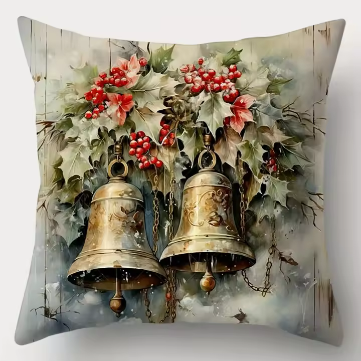 Funda De Cojín Navideña Vintage 1pc Impresión Unidireccional Cierre De Cremallera Para Decoración De Sala De Estar Y Hogar - 1