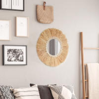 Espejo Decorativo Boho De Madera Con Tejido De Raffia Y Bola De Hilo Pequeña Decoración Para El Hogar Y Sala De Estar Estilo Forestal - details 6
