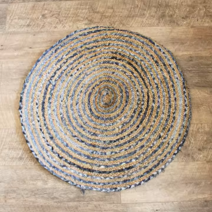 Alfombra Redonda de Yute y Reciclaje de Mezclilla 90 cm - Hecho a mano en India - 1