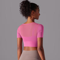 Camiseta de manga corta para Yoga, Top Sexy de Doble Capa, ropa de Malla empalmada, Sujetador Deportivo para correr y Fitness, Color sólido, Mujer - details 19