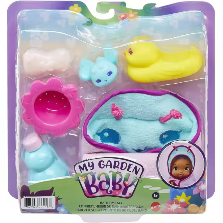 My Garden -  Baby Hora del baño - Muñeco de Juguete con toalla mariposa y accesorios - Regalo Original para niñas y niños mayores de 3años - 1