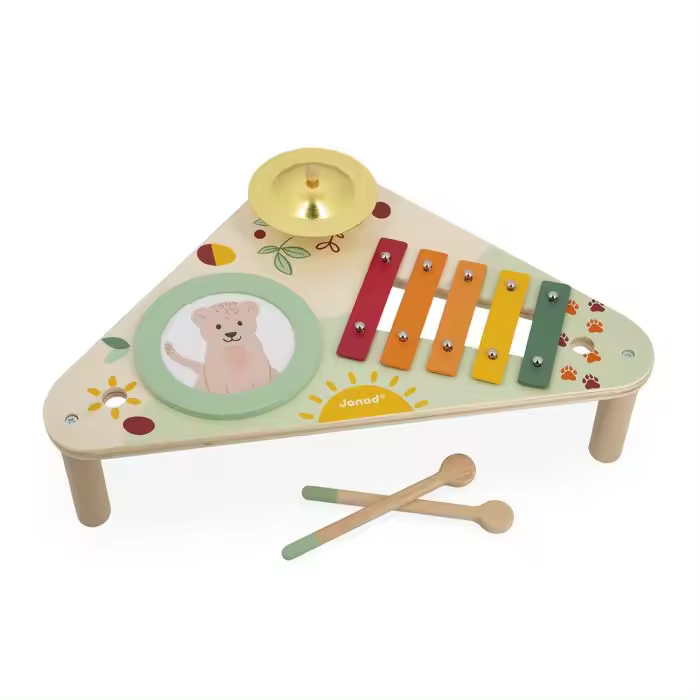 Janod Mesa musical para niños a partir de 12 meses con tambor, xilófono y platillo - Juguetes Musicales para Bebés y Niños de 1 año en adelante - 1