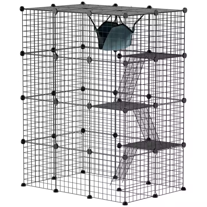 PawHut Jaula para gatos de interior, parque de juegos de acero de 4 niveles para gatos con 5 puertas, hamaca, plataformas y rampas, para 1-3 gatos, 105 x 70 x 140 cm, color negro - 1