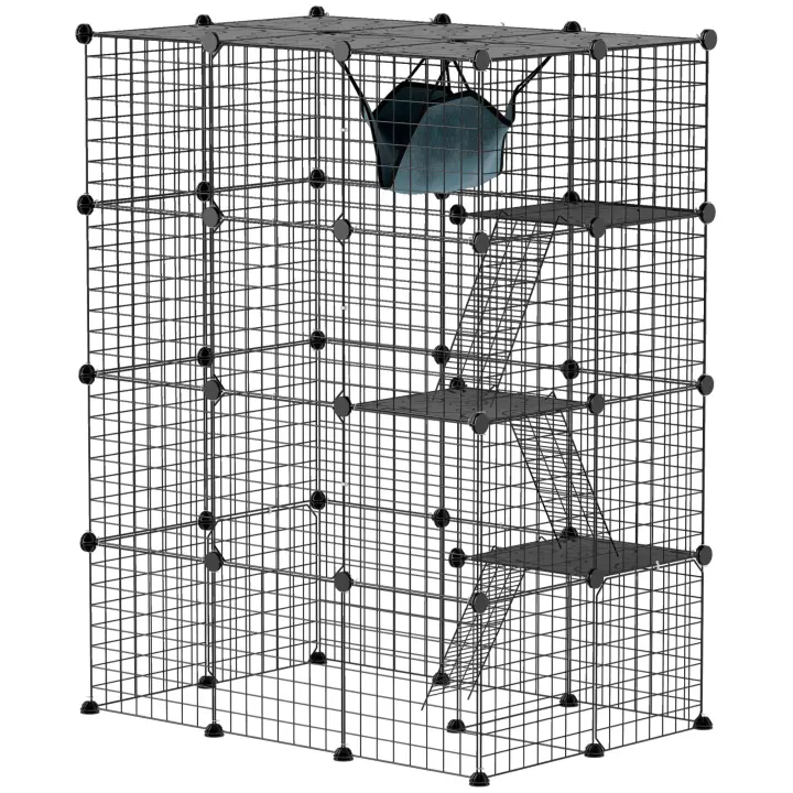PawHut Jaula para gatos de interior, parque de juegos de acero de 4 niveles para gatos con 5 puertas, hamaca, plataformas y rampas, para 1-3 gatos, 105 x 70 x 140 cm, color negro - 1