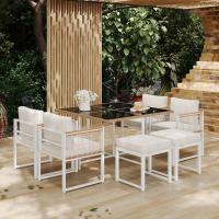 Juego de Mesa y Sillas de Comedor de Exterior de 7 Piezas, 6 Asientos, Mesa de Cristal Templado, Envuelve en Ratán PE, Tapa de Madera de Acacia con Apoybrazos, Jardines. - details 6