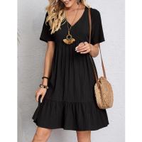 Vestido Casual De Verano Para Mujer Con Cuello En V Y Falda De Encaje Corto Manga Corta Color Sólido A-Line Longitud De Rodilla - details 2