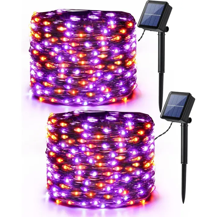 Luces de Halloween naranjas y moradas, paquete de 2, 240 LED naranjas, 78 pies en total, luces solares moradas para Halloween, 8 modos para decoración de Halloween - 1