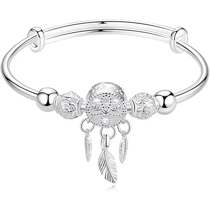 Pulsera con dije de plumas y borlas de atrapasueños de plata, ajustable, regalo de joyería para el Día de la Madre, cumpleaños - 1