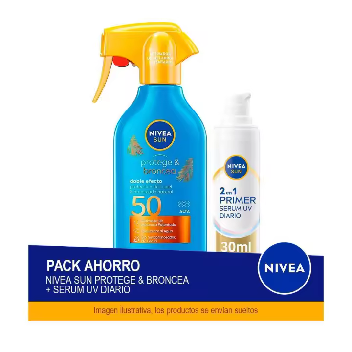 NIVEA SUN Pack ahorro - Contiene UV Face 2in1 Daily Serum FP50+ 30ml + Spray Pistola Protege & Broncea FP50 270ml - 1