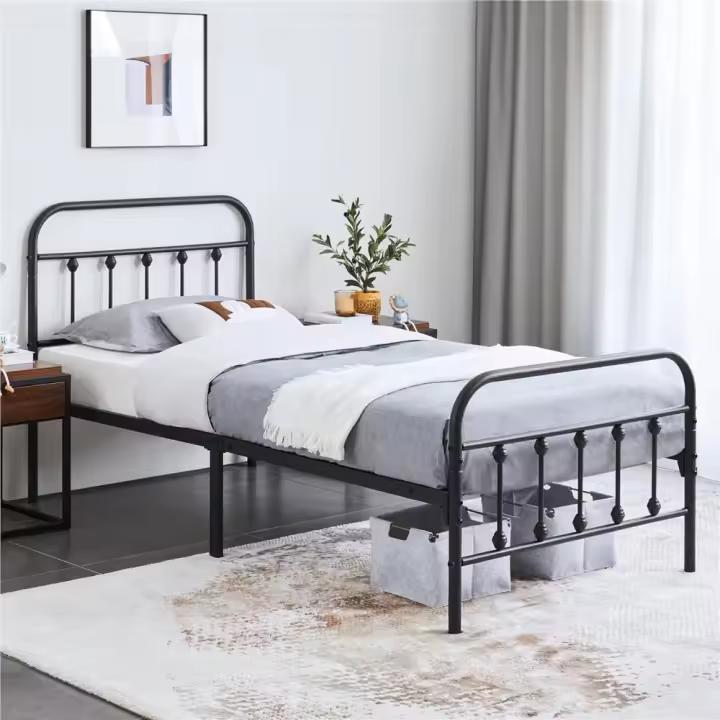 Cama Individual con Marco de Metal, Estructura de Hierro para Colchón Sencillo, Negra, 90 X200cm - 1