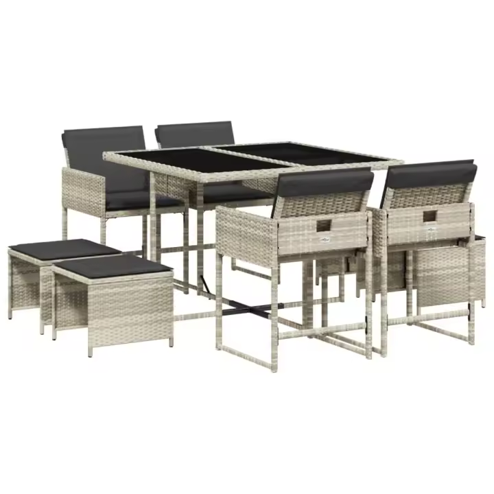 vidaXL Set comedor de jardín 9 pzas cojines ratán sintético gris claro - 1