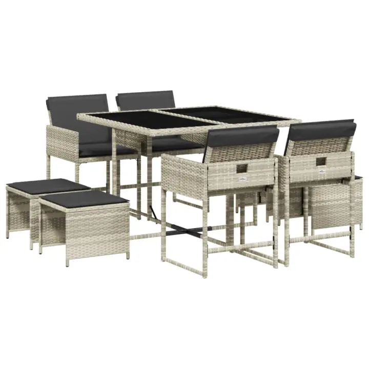 vidaXL Set comedor de jardín 9 pzas cojines ratán sintético gris claro - 1