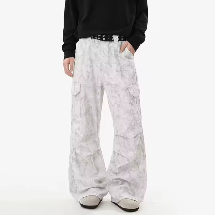 Pantalones De Mezclilla Casuales Para Hombre Con Diseño De Dobladillo Ancho Y Múltiples Bolsillos Jeans De Moda Con Cierre De Cremallera Y Estilo Callejero Diario - 1