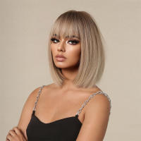 Pelucas Sintéticas Ombre Marrón Claro Para Mujeres Cortas Rectas Bob Con Bangs Peluca Química Resistente Para Cosplay Y Uso Diario Textura Natural Capa Promedio Densidad 130% - details 1