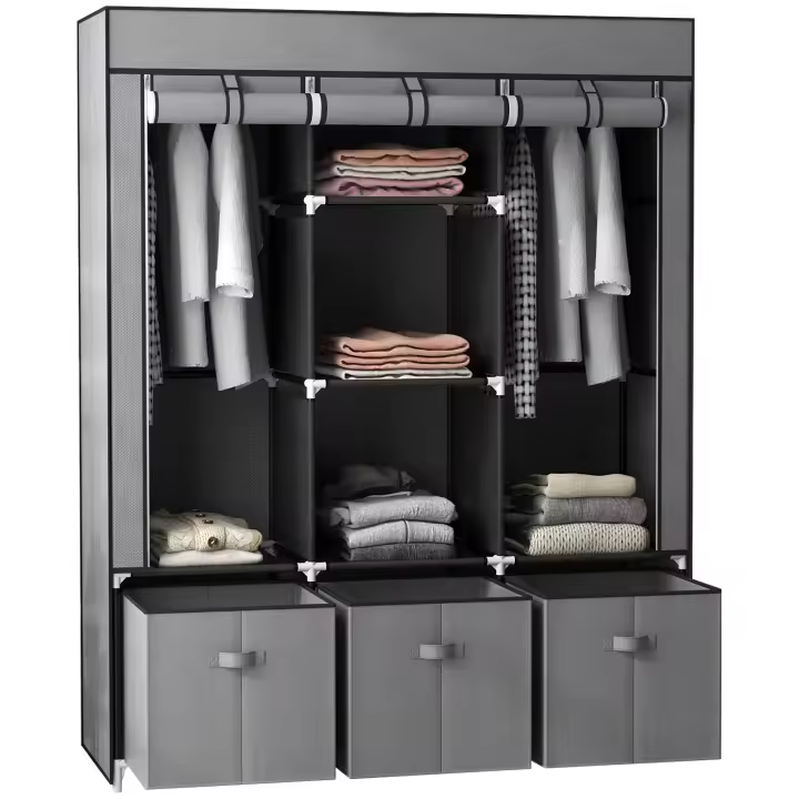 HOMCOM Armario de Tela, Armario con Barras y Cajones, Armario Plegable con Cremallera, Armario Plegable para Dormitorio, Tela no Tejida, Gris Oscuro, 125 x 43 x 162,5 cm - 1