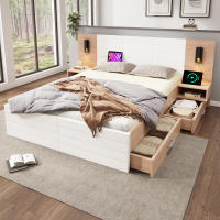 Cama Doble Moderna Roble/Blanco 160 × 200 cm-Con 2 Cajones, 2 tocadores, Luz de Lectura with Carga USB (Sin Colchón) - details 0
