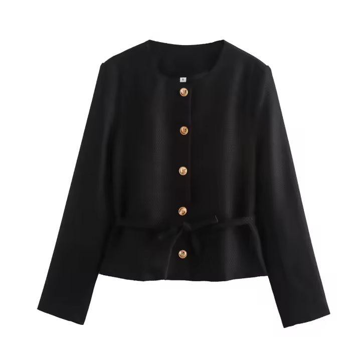Elegant Black White Jacket For Women Autumn O Neck Long Sleeve Crop Coat Single Breasted With Belt Lady New Outerwear - 1