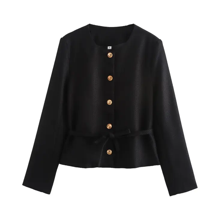 Elegant Black White Jacket For Women Autumn O Neck Long Sleeve Crop Coat Single Breasted With Belt Lady New Outerwear - 1