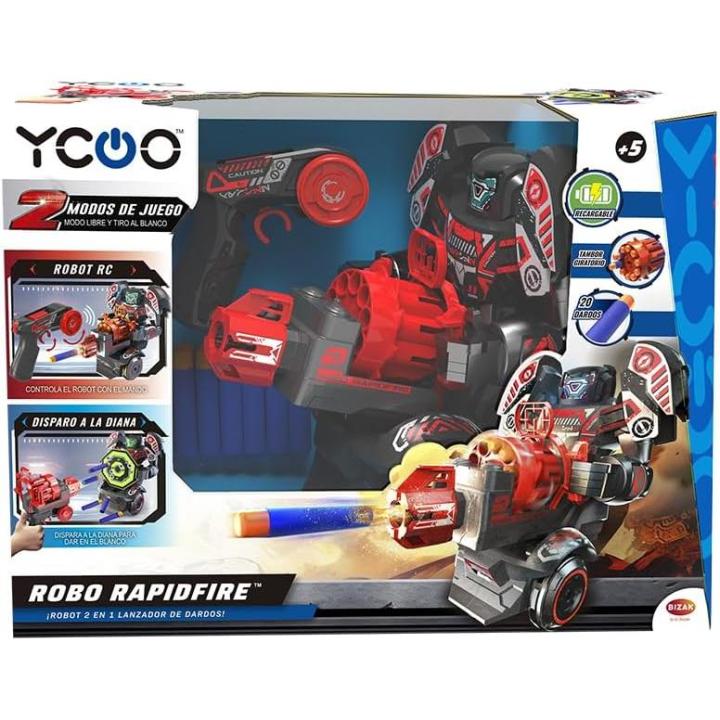 YCOO Robo Rapidfire, Robot con Luces led en la Cara y Efectos de Sonido, 2 Formas de Juego, dirigida y autónoma, dispara Dardos Desde el Mando, Funciona con Pilas (Bizak 62008528)