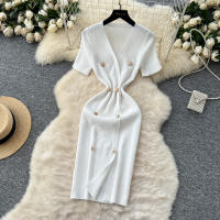 Vestido Tejido REALEFT 2025 Para Mujer Verano Cuello En V Corto Manga Metálico Botones Cintura Alta A-Line Longitud Media - details 21