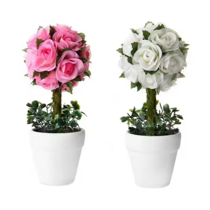 Dcasa Set de 2 plantas artificiales rosas de tela con maceta blanca de terracota de Ø 6x48 cm - 1