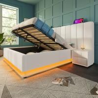 Cama Recuperta 160 × 200, Cama Doble Cama de Almacenamiento with Control de Aplicación LED y Función de Carga USB-C, Bastidor de Cama with Bastidor de Listones, PU, Blanco, Con Colchón, mesita de Noche - details 4
