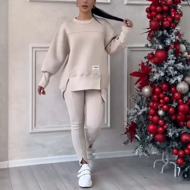  Conjunto De Dos Piezas Para Mujer Irregular Suéter De Manga Larga Top Y Pantalones Casuales Otoño Invierno Elegante Suelto Talla M L - 1