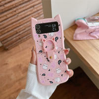 Funda De Teléfono Con Colgante Y Aros Para Samsung Galaxy Z Flip 6 5 4 3 ZFlip 6 Con Orejas De Gato Diseño De Luna Y Fantasma Blanco Y Rosa - details 3