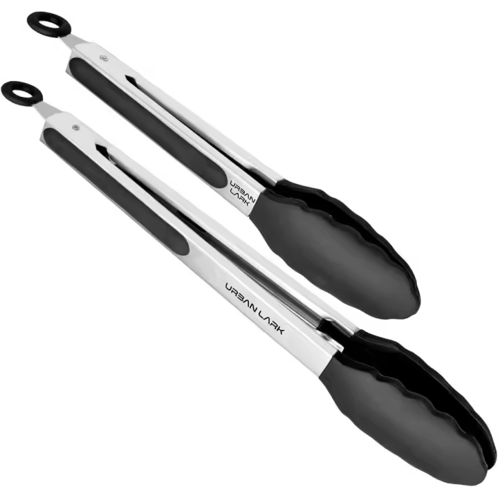 Pinzas de cocina (paquete de 2, 23 cm y 30 cm), mango de acero inoxidable antideslizante, cierre inteligente, resistentes al calor, para cocinar y asar (negro) - 1
