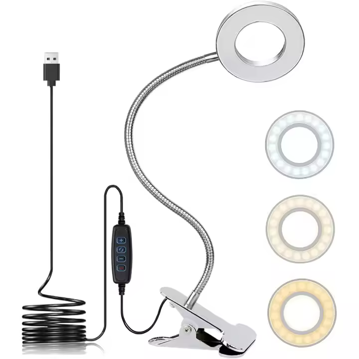 Lámpara de escritorio LED USB con clip, 3 modos de luz, 10 niveles de brillo ajustables, protección para los ojos, estable para libros - 1
