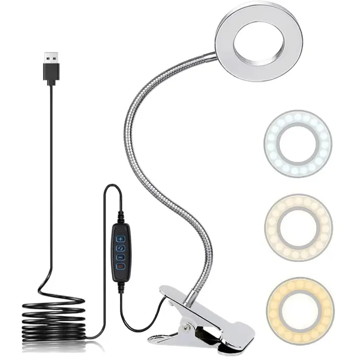 Lámpara LED USB de escritorio con clip, 3 modos de luz, 10 niveles de brillo ajustables, protección para los ojos, clip estable para libros, modos, niveles, protección, - 1