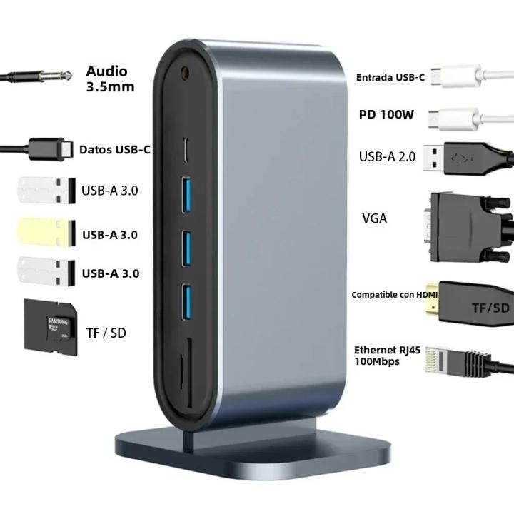 Estación De Docking 12 En 1 Tipo C USB Hub 3.0 Extensor Splitter Adaptador Vertical HDMI Compatible Rj45 Para Portátil Aluminio + Plástico