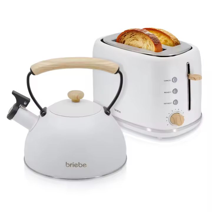 Briebe SKT1177WHT Nordic Set Tostadora Pan Ranura Ancha 2 Rebanadas + Tetera 2,3L Acero Inox, Inducción Libre BPA, 870W, Blanco - 1