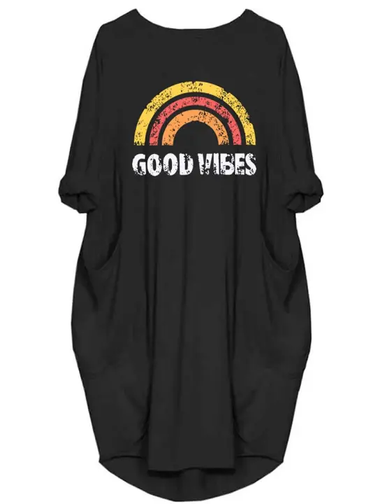 Vestido Casual De Mujer Talla Grande Con Mangas Cortas Cuello Redondo Dos Bolsillos Estilo Unisex Largo Hasta La Rodilla - 1