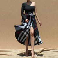 Vestido Elegante Para Mujer Con Un Hombro Largo Manga Completa Estampado Cintura Alta Abertura Vestido Para Cumpleaños Y Fiestas Nocturnas - details 8