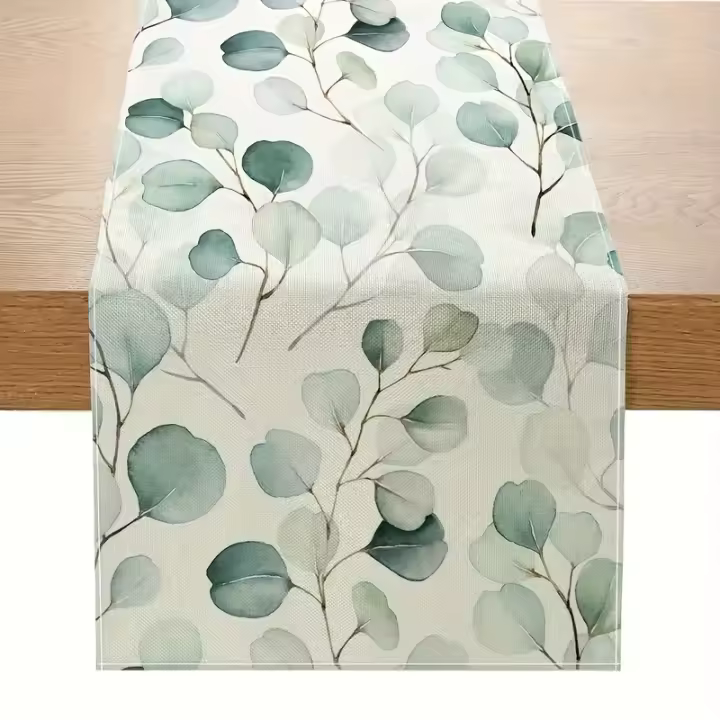 1pc Corredor De Mesa Verde Con Patrón De Hojas De Eucalipto Decoración Para Restaurante Boda Y Fiestas Accesorios De Mesa 100% Poliéster - 1