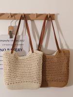 Bolso De Hombro Retro De Verano Con Bloque De Colores Y Hueco Bolso De Tela De Cuero Con Correa Tejida Gran Capacidad Casual - details 0