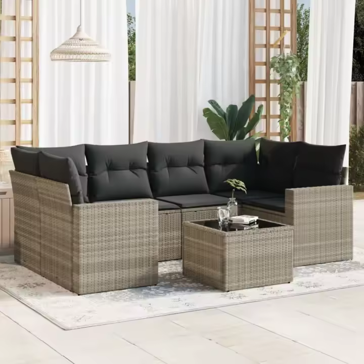 vidaXL Set de sofás de jardín 7 pzas con cojines ratán PE gris claro - 1