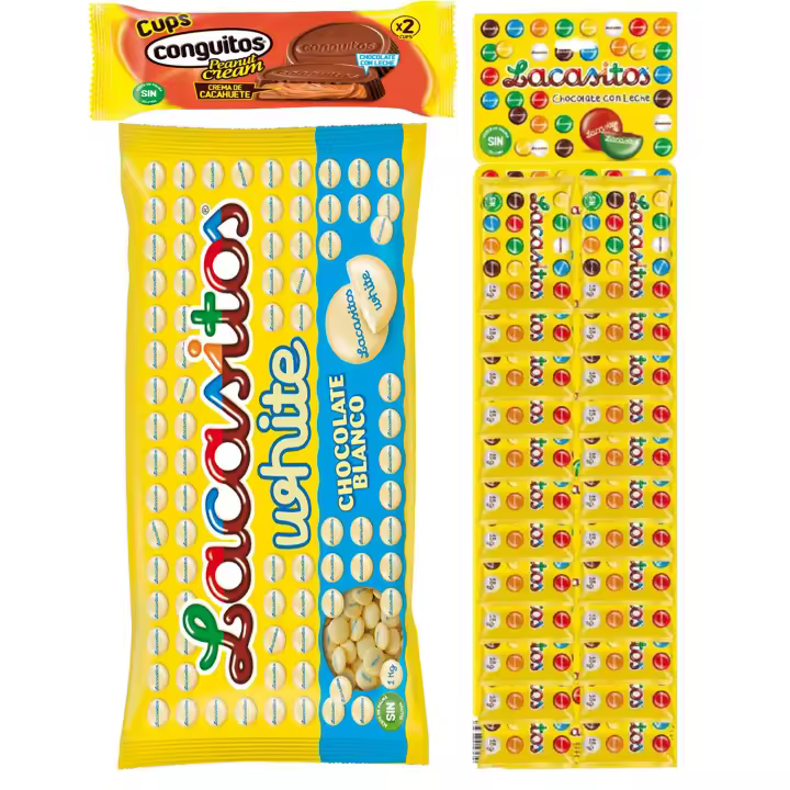 Pack Lacasitos white bolsa 1kg,24 bolsitas 18g,Conguitos cups leche 34g - 1