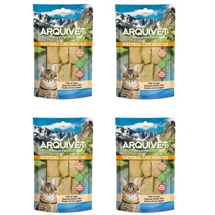 Snacks para gatos Pollo al vapor 50 gr - 100% naturales - Alimento complementario para felinos (pack de 4 unidades) Arquivet - 1